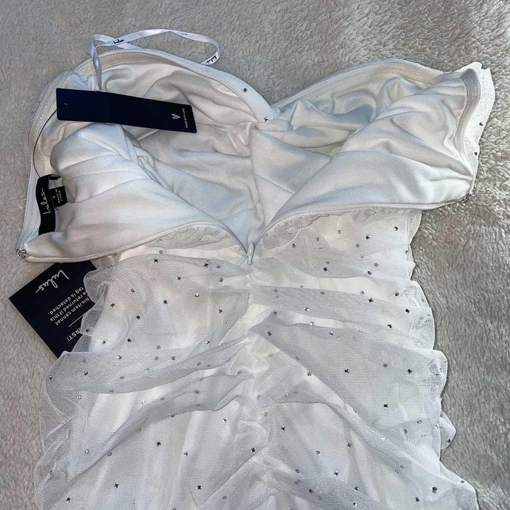 Lulus Sparkling Babe White Mesh Rhinestone Ruched Strapless Midi Dress - Picture 10 of 11